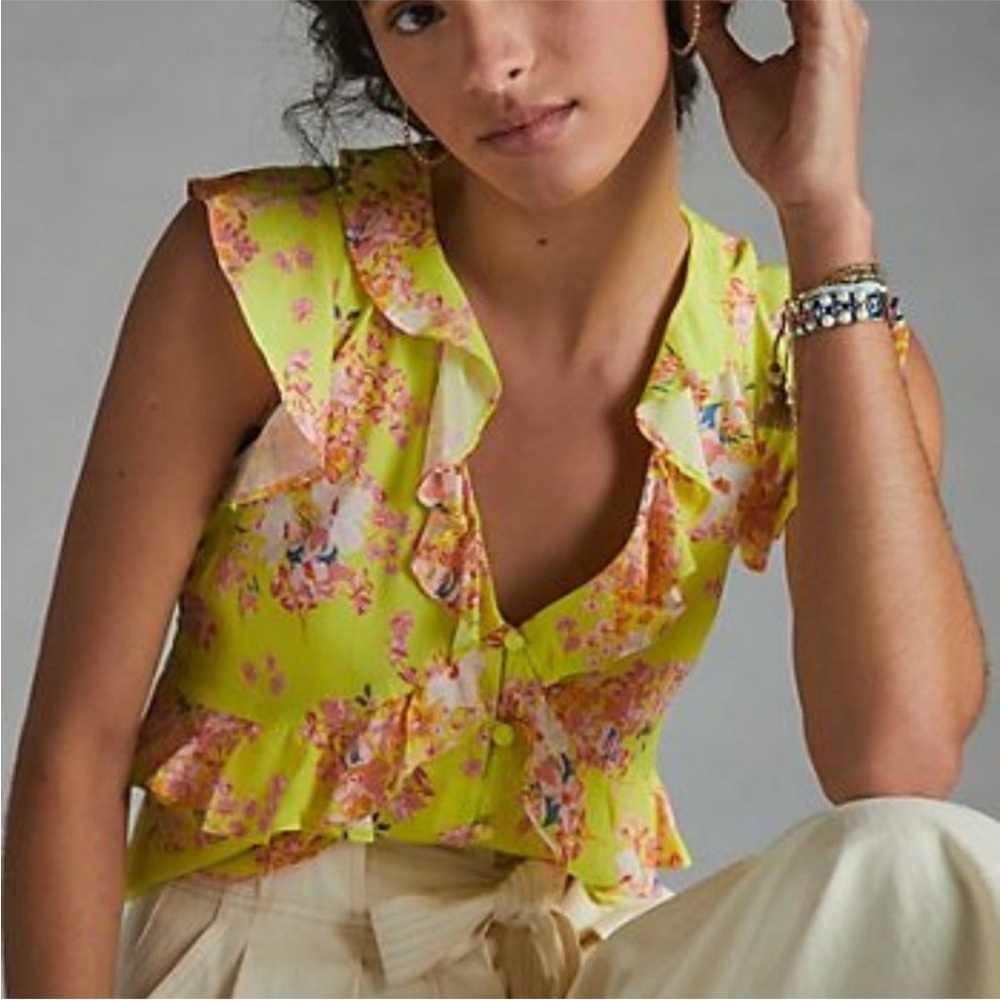 Maeve Yellow Floral Ruffle Sleeveless Top